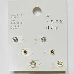 Earrings, stud, 3 pair 14k gold plated. NWT. Nickel free.